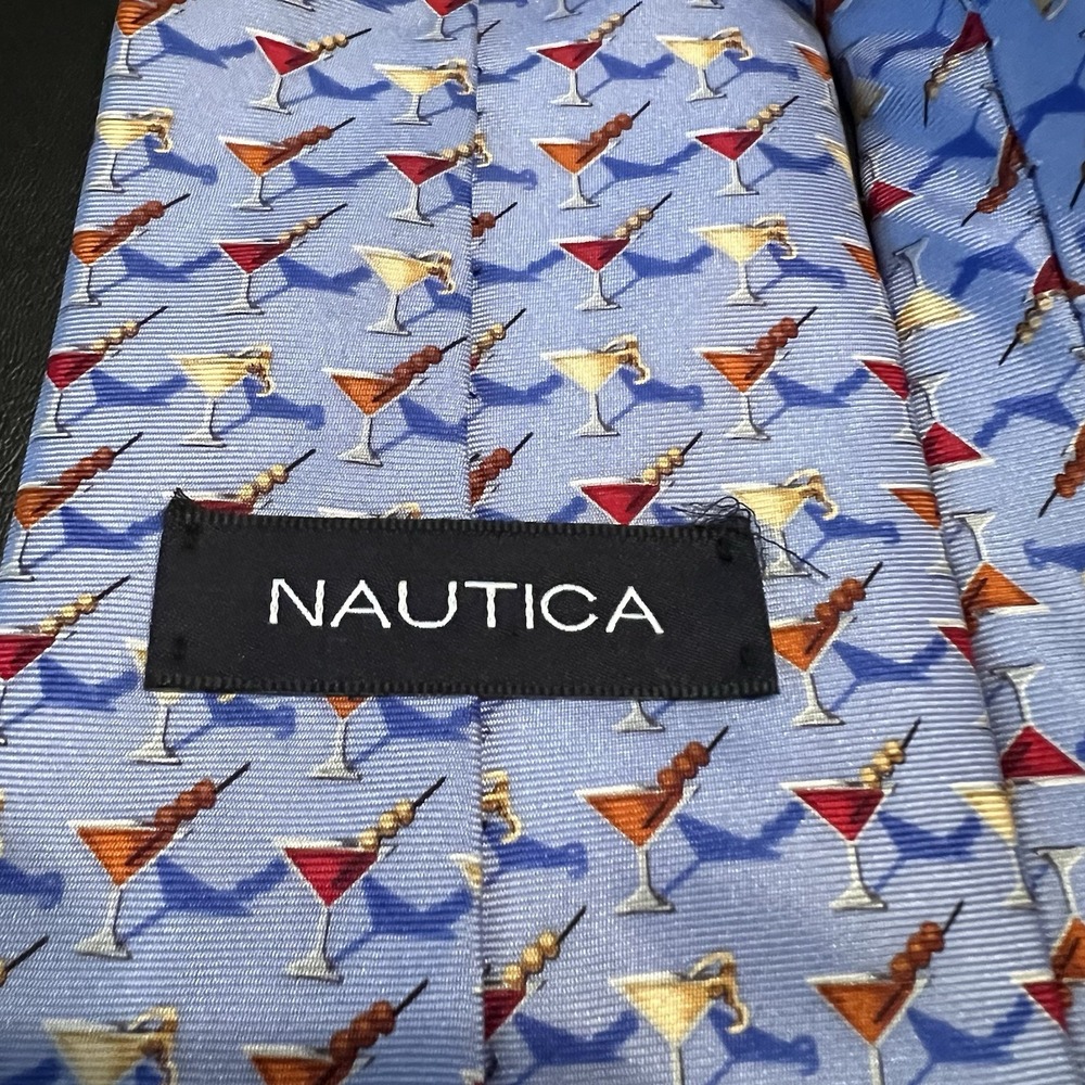Nautica Blue Silk Tie With All‎ Over Martini Glass Pattern - Picture 3 of 6